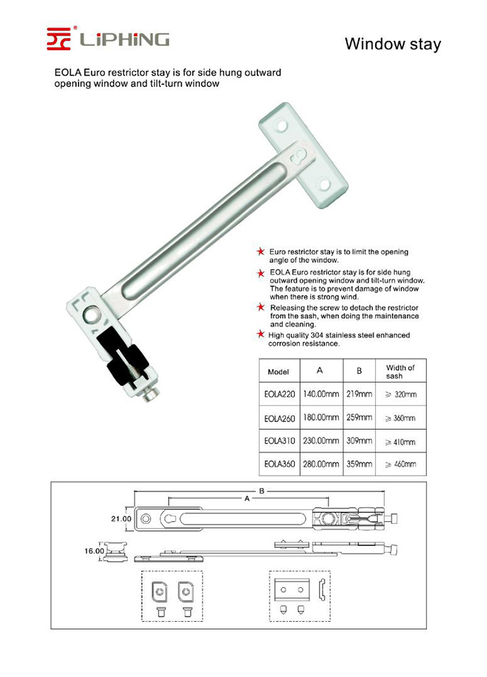 EOLA Euro restrictor stay is for side hung outward opening window and tilt-turn window.jpg